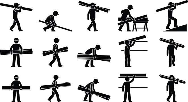 Illustrations vectorielles d'ouvriers transportant et manipulant des mat&eacute;riaux longs comme des planches de bois ou des tuyaux, dans diverses positions de travail manuel.