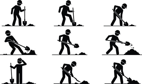 S&eacute;quence de pictogrammes montrant un ouvrier avec une pelle en train de creuser le sol, illustrant les diff&eacute;rentes &eacute;tapes du travail manuel.
