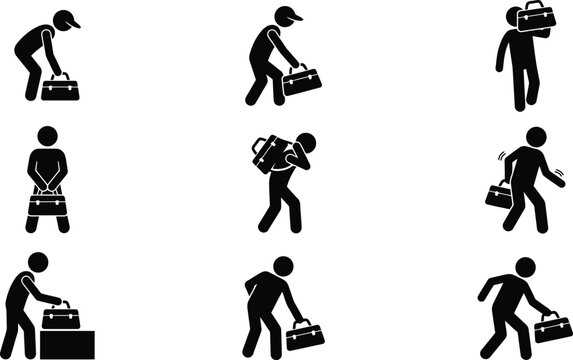 Illustrations de pictogrammes montrant diff&eacute;rentes mani&egrave;res de porter et manipuler une mallette ou un sac.