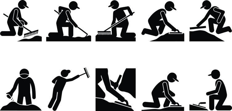 Illustrations de pictogrammes repr&eacute;sentant des ouvriers effectuant diverses t&acirc;ches de construction et de finition de surfaces, comme l'&eacute;talage et le lissage de b&eacute;ton ou de ciment.