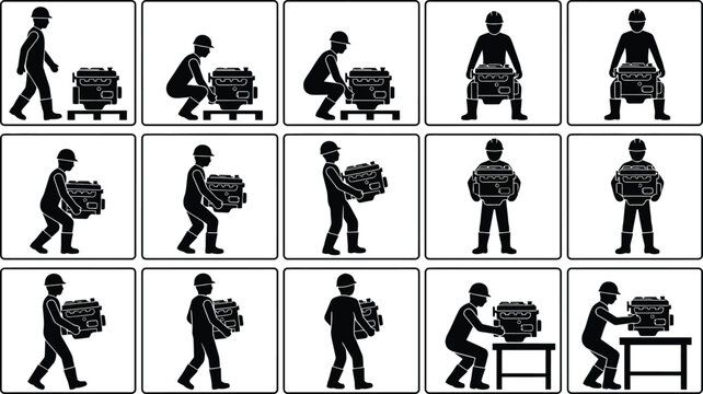 S&eacute;quence illustrant les &eacute;tapes correctes pour soulever un objet lourd en toute s&eacute;curit&eacute;, montrant la posture et le mouvement.