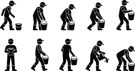 Séquence d'illustrations de pictogrammes montrant une personne utilisant un seau et un arrosoir pour des tâches de jardinage ou de travail manuel. © Insa Batool