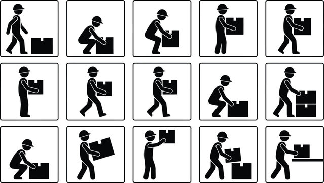 Manual handling safety icons, set of 15 warehouse worker silhouette pictograms, industrial lifting and carrying posture signs for workplace training