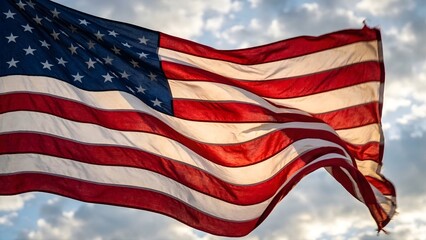 Fototapeta premium American flag waving in the wind against a cloudy sky with cinematic sunlight filtering through fabric
