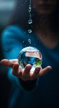 A hand cradling a glowing blue and green globe with water droplets