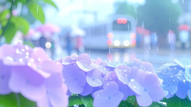 雨に濡れる紫陽花と傘をさして街を歩く人々　日本の梅雨の日常風景