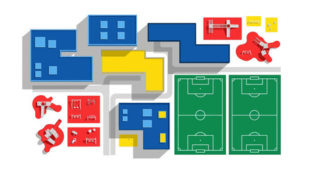 Fototapeta premium Abstract Top Down View of Minimalist Urban Planning with Residential Buildings, Soccer Fields, and Colorful Playgrounds. Isometric 3D Neighborhood Layout on White Background.