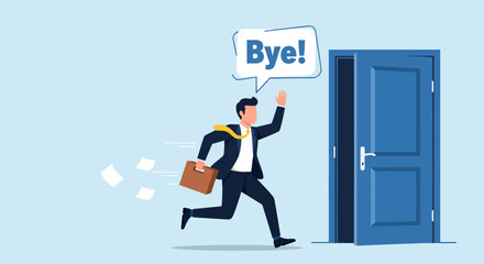 A joyful businessman in a dark suit and yellow tie sprints excitedly toward an open blue door, leaving behind a trail of flying white papers as he waves and happily shouts "Bye!" to the office behind © Skyframe