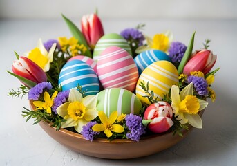 Fototapeta premium Vibrant easter eggs and flowers in a wooden bowl