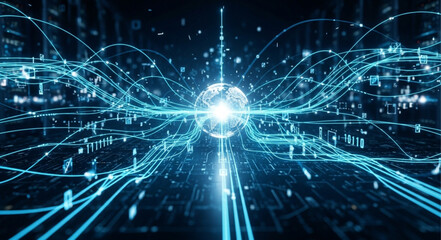 Abstract Digital Network with Glowing Core and Interconnected Lines. © angga