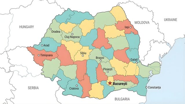 political map of Romania showing counties and major cities like Bucharest and Cluj-Napoca