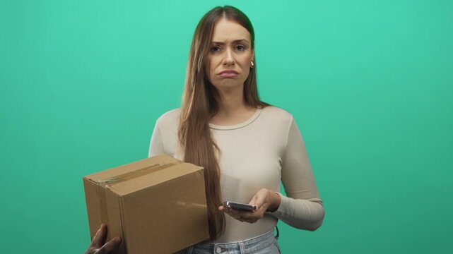 Young woman holding cardboard box and checking smartphone, frowning in studio; frustration delivery problem.