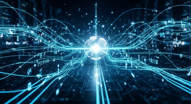 Abstract Digital Network with Glowing Core and Interconnected Lines.