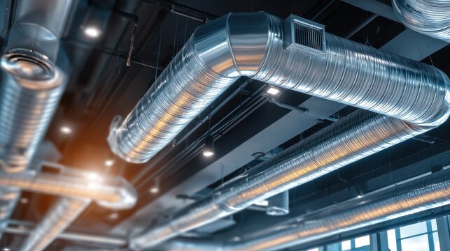 High quality photo of metal air conditioning vent ducts and pipes hang from ceiling in modern building interior. Climate control system, cool, heat, fresh air, temperature, install.
