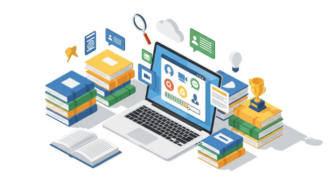 Isometric Online Education Concept with Laptop, Books, and Learning Icons.