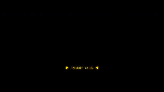 Neon PRESS START and INSERT COIN pixel text blinking brightly on vintage arcade screen.