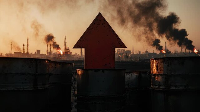 Industrial oil barrels bound with sharp barbed wire beneath a soaring red growth arrow overlooking a cityscape and offshore rigs, symbolizing economic sanctions and soaring fuel price pressure.