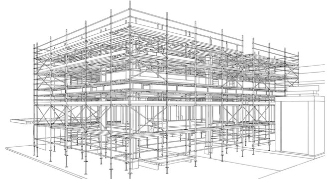 Scaffolding around building under construction.