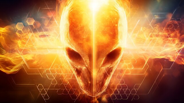 Alien head covered with radiant golden honeycomb pattern