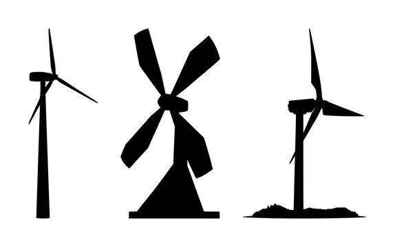 Solid black silhouette of a modern vertical-axis wind turbine (VAWT), urban energy harvesting, geometric solid shape, white background. set with simple line art design featuring sketches, drawings,...