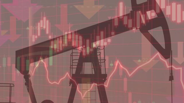 Industrial oil pump jack silhouette with red charts illustrating high market volatility and energy price fluctuations
