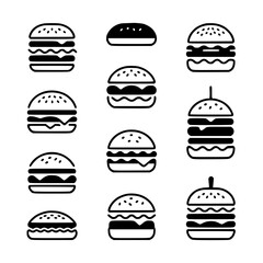 Fototapeta premium Modern Burger Silhouette Icon Set: Black Bold Line Vector Illustrations 