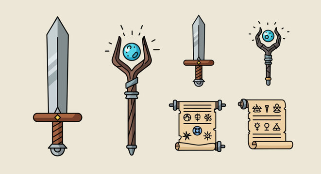 Fantasy Weapons and Magic Scrolls: Swords, Staffs with Orb, Ancient Runes