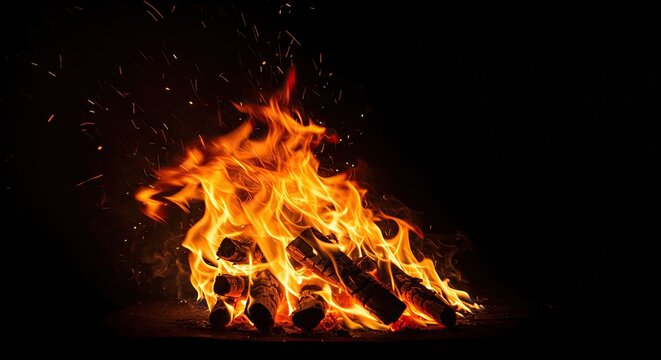 Burning bonfire against a dark background with dynamic flames and glowing embers