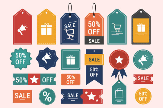 Set of price tags and promotion tags in flat vector design.