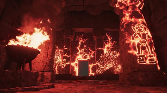 Divine radiant figure emerges within volcanic cavern amid molten lava walls and glowing runic stones