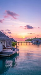 Fototapeta premium Tropical Paradise - Overwater Bungalows at Sunset in the Maldives.