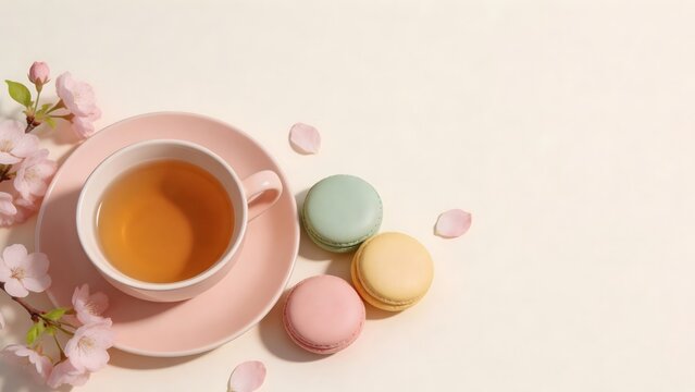 A cup of tea and macarons are arranged with cherry blossoms on a table.