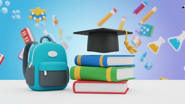 3d cartoon style back to school animation featuring backpack books graduation cap and floating school supplies