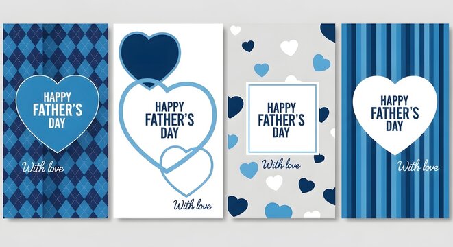 Four different father's day card designs with heart patterns and greeting