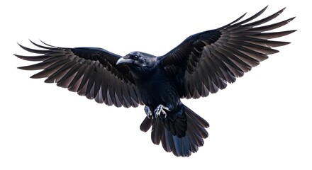 Fototapeta premium Black raven soaring against a white background with outstretched wings