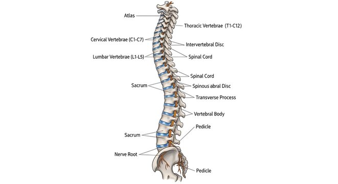 Lateral anatomical illustration of the vertebral column showing cervical, thoracic, lumbar, sacral regions, intervertebral discs, vertebral bodies, spinous and transverse processes plus spinal cord an