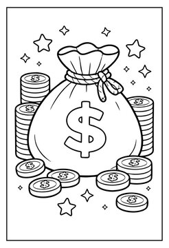 Outline vector illustration of a large money bag featuring a prominent dollar symbol surrounded by stacks of gold coins and sparkling stars.