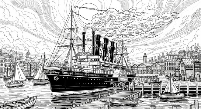 Vintage steamboat sailing through harbor with sailboats and buildings in black and white