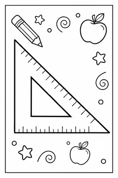 Black outline vector graphic illustration featuring school supplies like a set square ruler, pencil, stars, and apples for coloring.