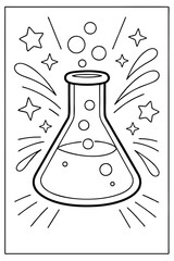 a simple black-and-white line drawing of a bubbling Erlenmeyer flask surrounded by stars and sparkle effects, designed as a childrens coloring page. © Hokyubi