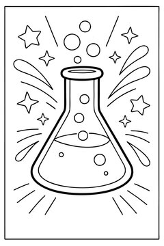 a simple black-and-white line drawing of a bubbling Erlenmeyer flask surrounded by stars and sparkle effects, designed as a childrens coloring page.