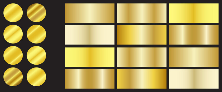 Luxury gold gradient collection and radial metallic mesh palettes. Vector set of golden foil textures, yellow brass and polished bronze swatches for 