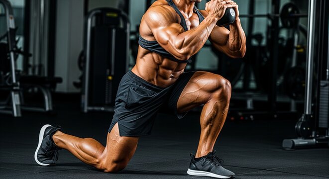 Muscular man doing lunges with dumbbells in a modern gym