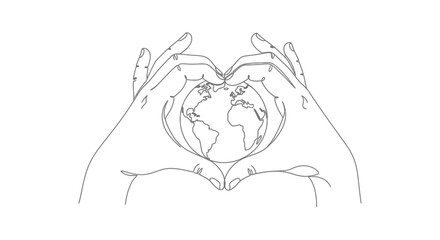 Hands forming heart shape around planet Earth, continuous line drawing © Ahmad