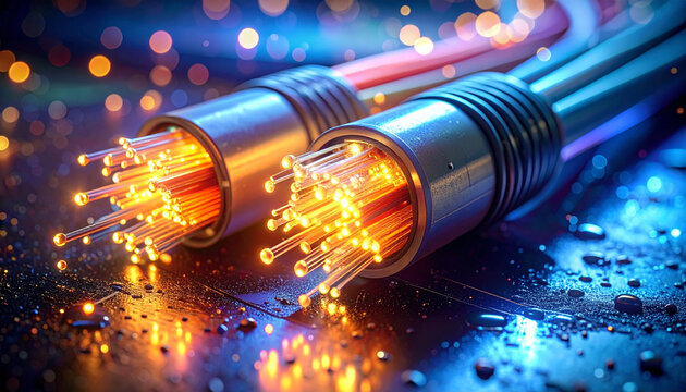 Close up of fiber optic cables with light emitting tips on a dark surface