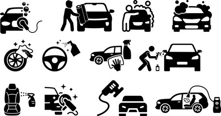 Car Wash Png icon set Silhouette icon set of car wash and auto service symbols featuring washing, foam, cleaning, tire, seat and eco concepts for automotive design Car wash and auto detailing 