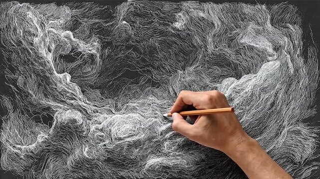 Hand drawing intricate abstract patterns with a pencil on a dark surface