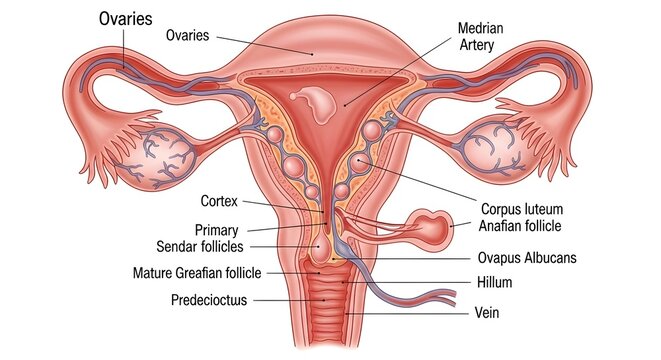Comprehensive illustration of the female reproductive system showing uterus, uterine tubes, ovaries and ovarian cortex with labeled primordial, primary, secondary, Graafian follicles, corpus luteum an