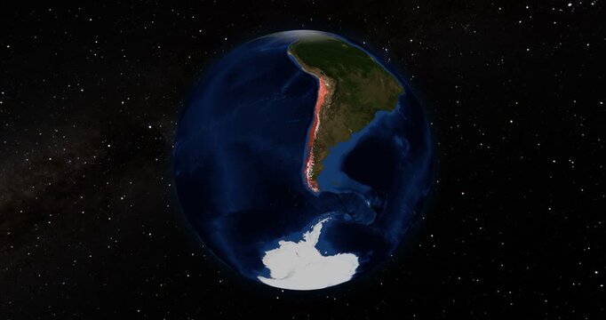 Chile on the Globe. Zoom into the country with the Earth spinning in space. High detail physical world map with Chile on it. Country view animation. Elements of this image furnished by NASA.