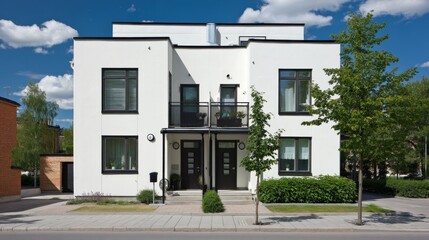 Fototapeta premium Modern white two-story residential building with large windows, green trees, and clear blue sky, showcasing contemporary architecture and urban living